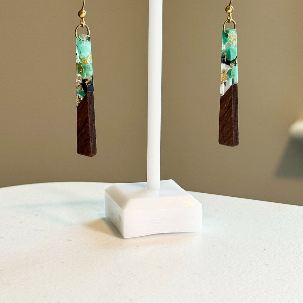 Handmade Retro Walnut Gold Leaf Turquoise Black Resin Boho Trapezoid Earrings
